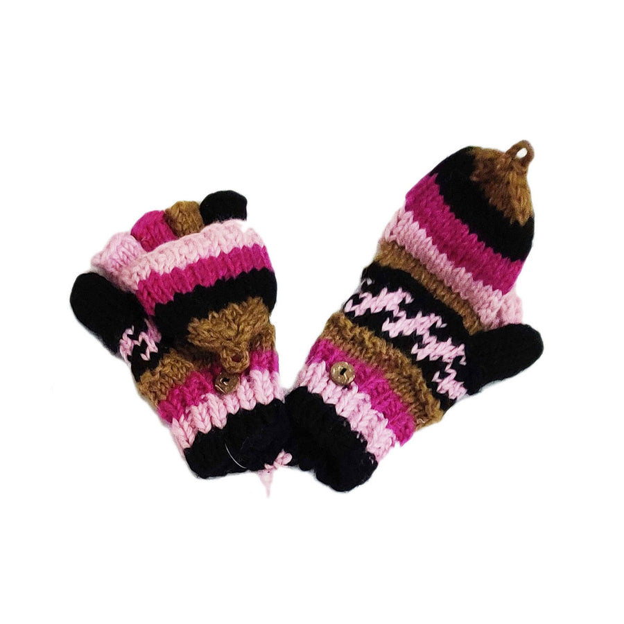 Nepal Hand Knit 100% Wool Pink Fingerless Flip Top Kid Mitten Gloves
