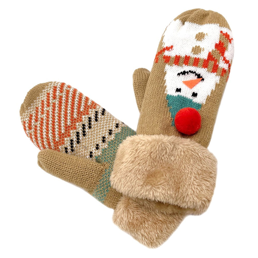 Camel Snowman Faux Fur Mitten Gloves