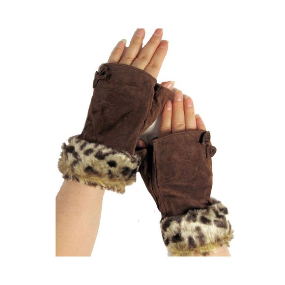 Brown Animal Fur Bow Suede Fingerless Gloves