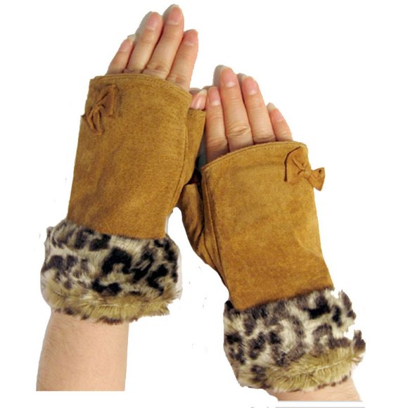 Brown Animal Fur Bow Suede Fingerless Gloves