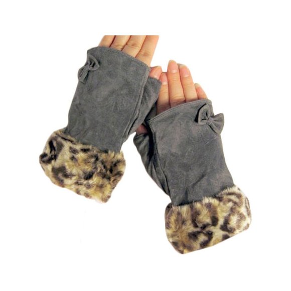 Brown Animal Fur Bow Suede Fingerless Gloves