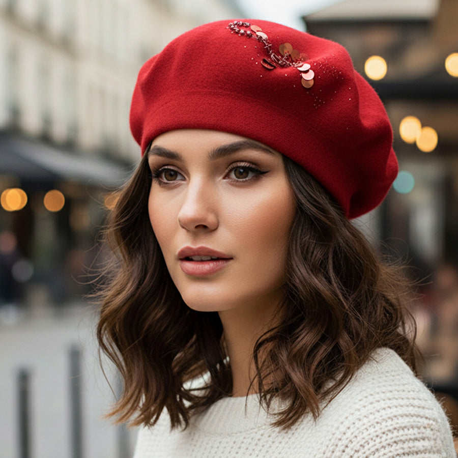 Mustard Decorative Sequin Rhinestone Embellished Winter Beret Hat