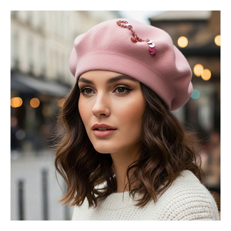 Mustard Decorative Sequin Rhinestone Embellished Winter Beret Hat