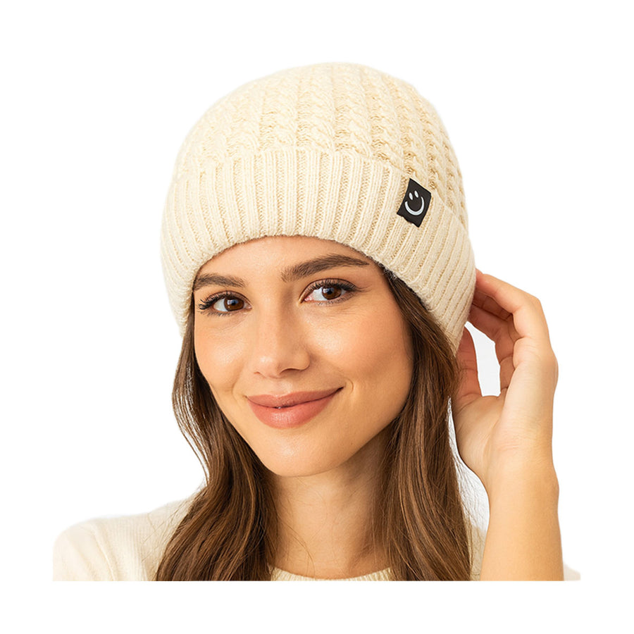 Beige Ribbed Knit Beanie Hat