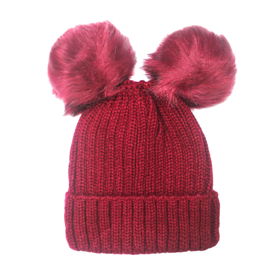 Gorgeous Burgundy Cable Knit Double Furry Pom Pom Beanie Hat