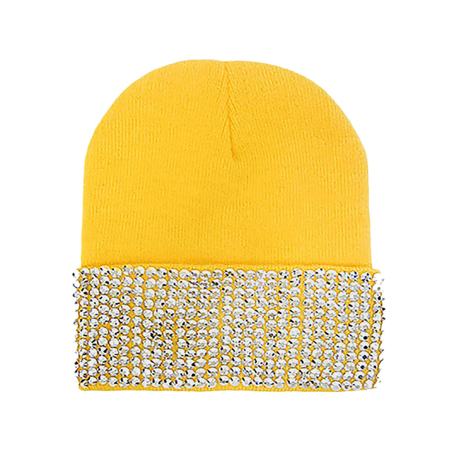 Yellow Embellished Rhinestone Beanie Hat