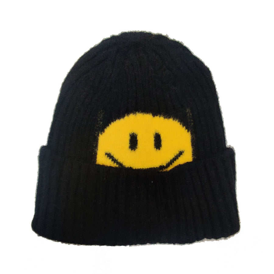 Cream Smiley Ribbed Knit Beanie Hat