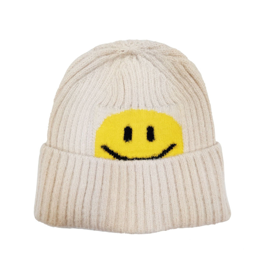 Cream Smiley Ribbed Knit Beanie Hat