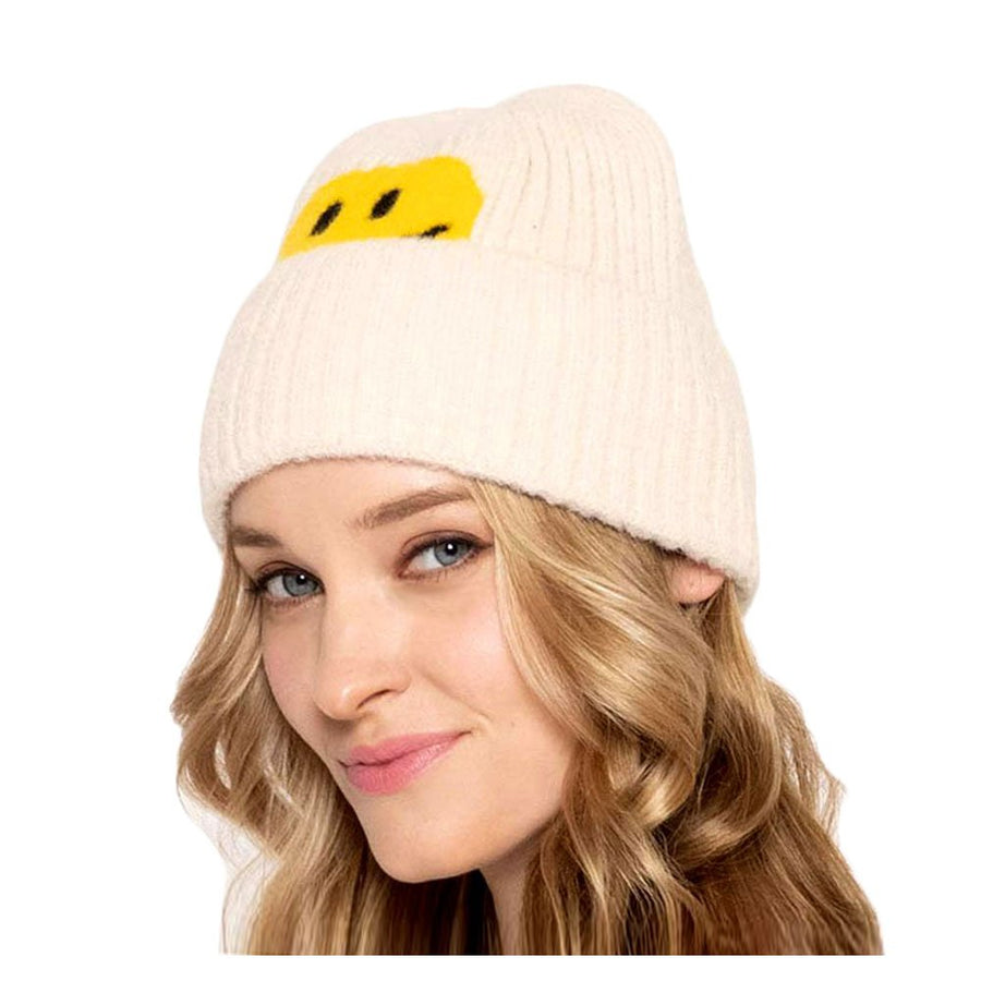 Cream Smiley Ribbed Knit Beanie Hat