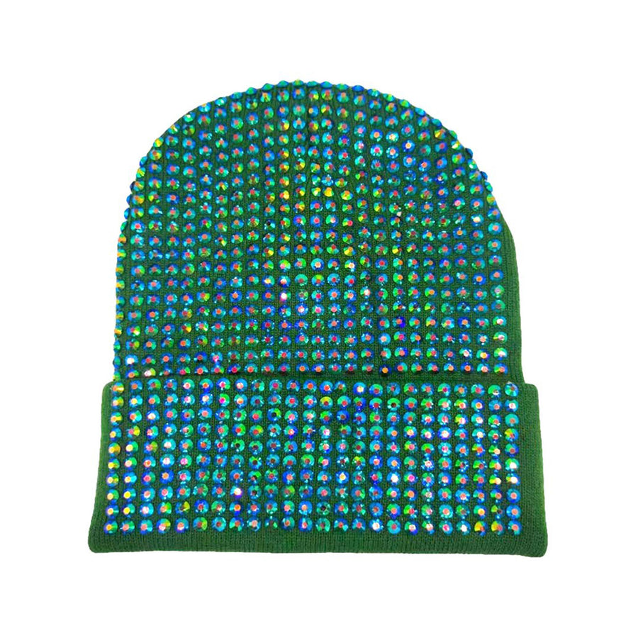 Green Dazzling Stud Knit Beanie Hat