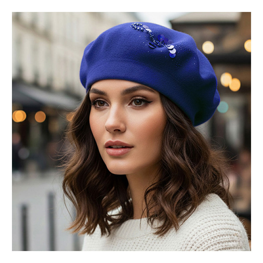 Mustard Decorative Sequin Rhinestone Embellished Winter Beret Hat