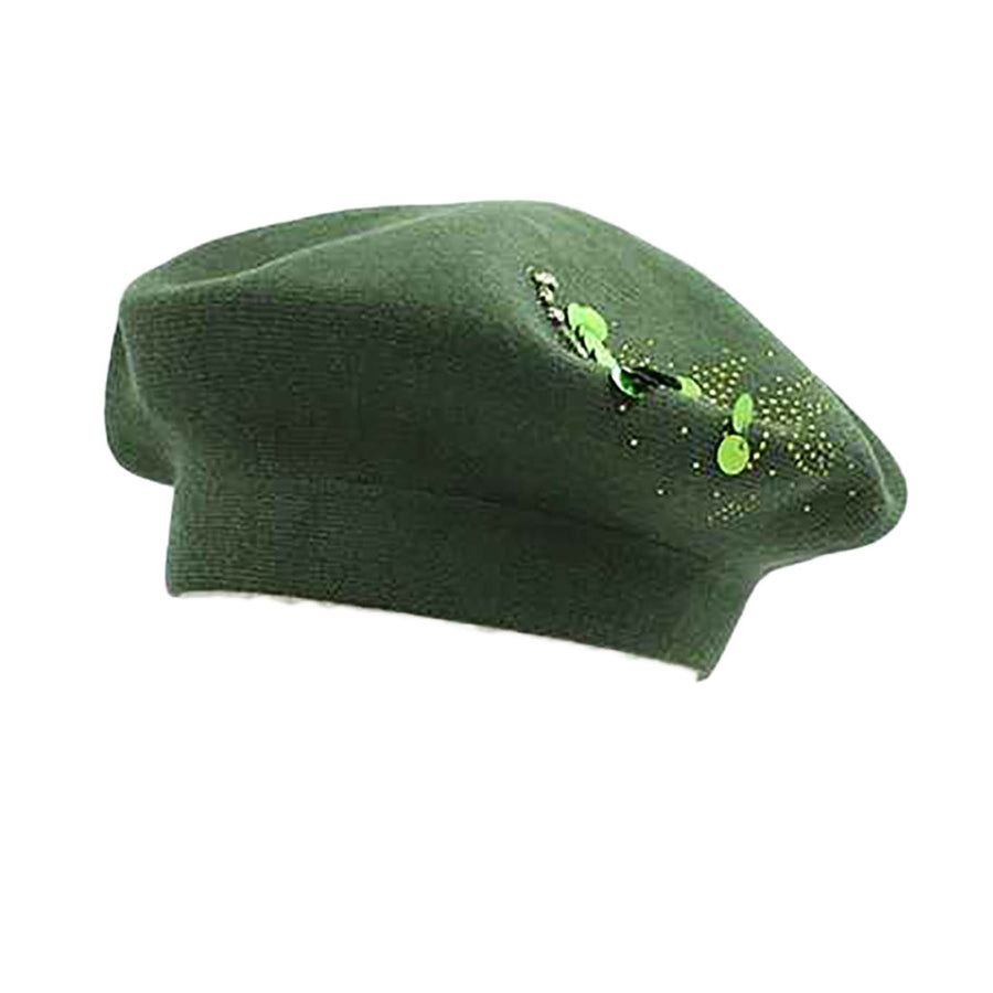 Mustard Decorative Sequin Rhinestone Embellished Winter Beret Hat