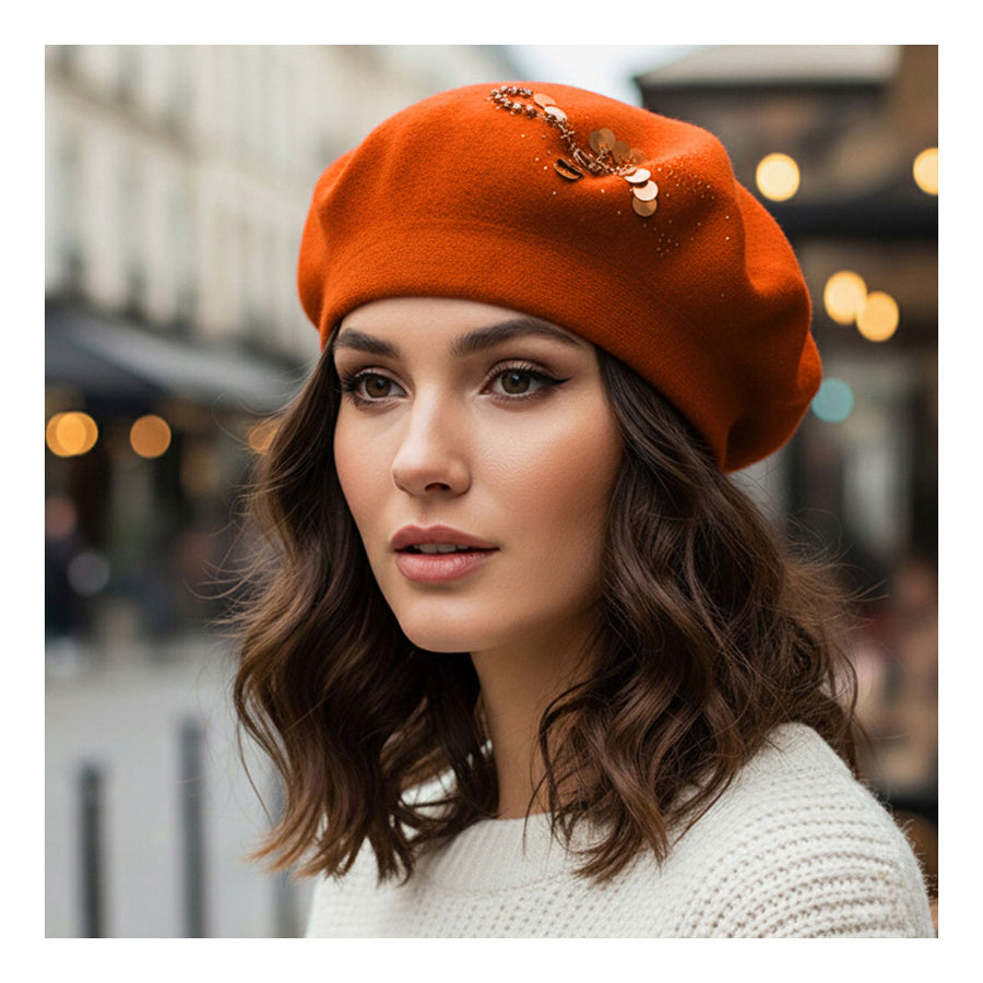 Mustard Decorative Sequin Rhinestone Embellished Winter Beret Hat