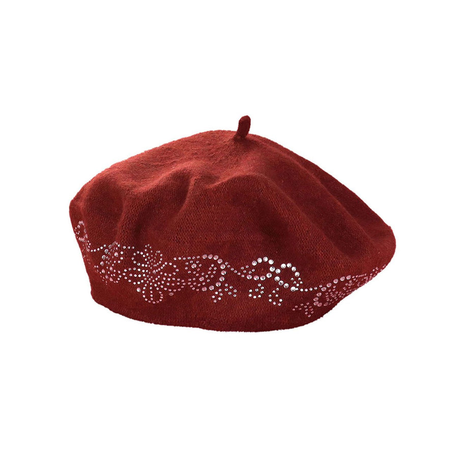 Burgundy Floral Bling Studded Beret Hat