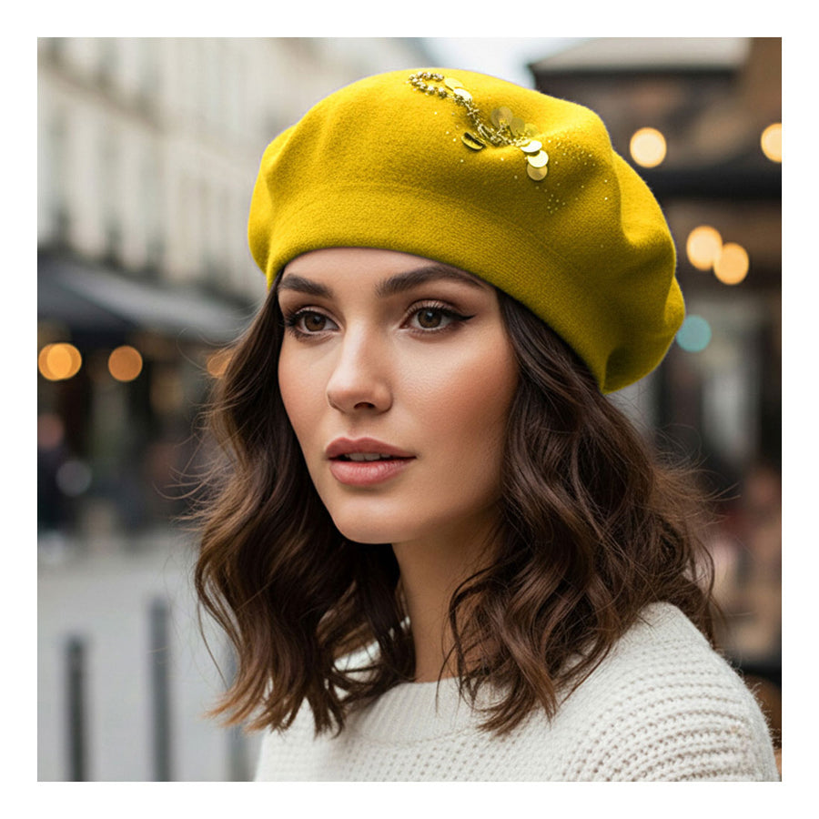 Mustard Decorative Sequin Rhinestone Embellished Winter Beret Hat