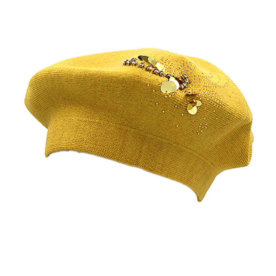 Mustard Decorative Sequin Rhinestone Embellished Winter Beret Hat