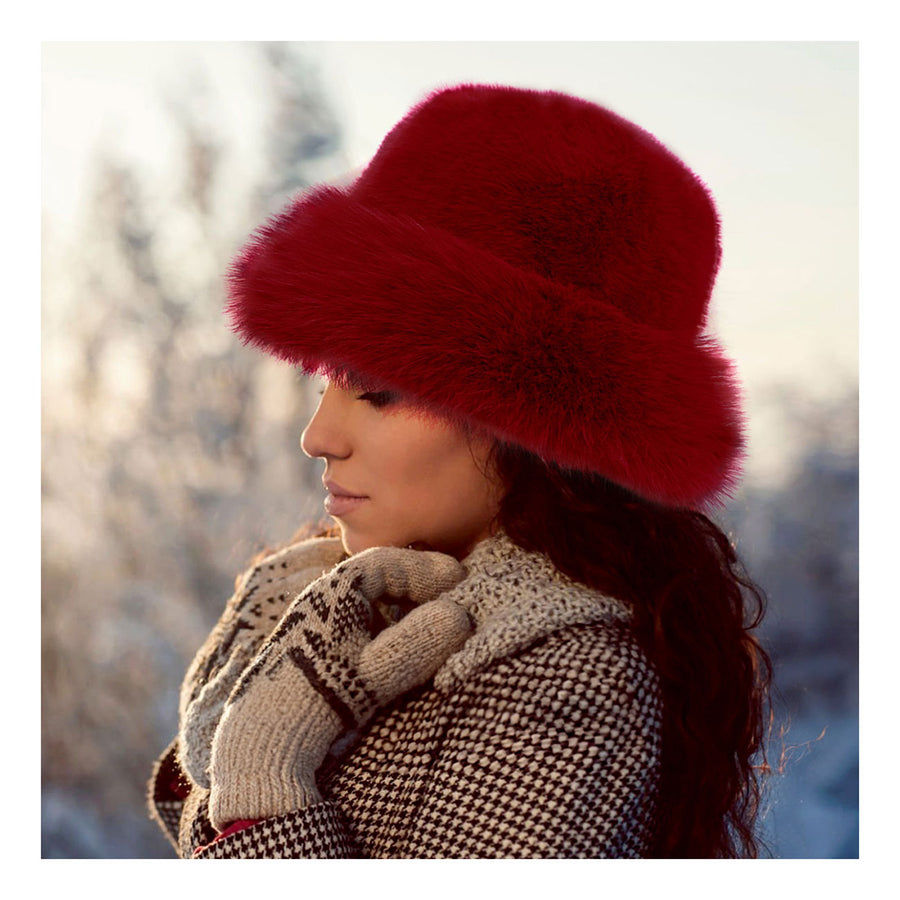 Stylish Burgundy Faux Fur Russian Style Plush Bucket Hat