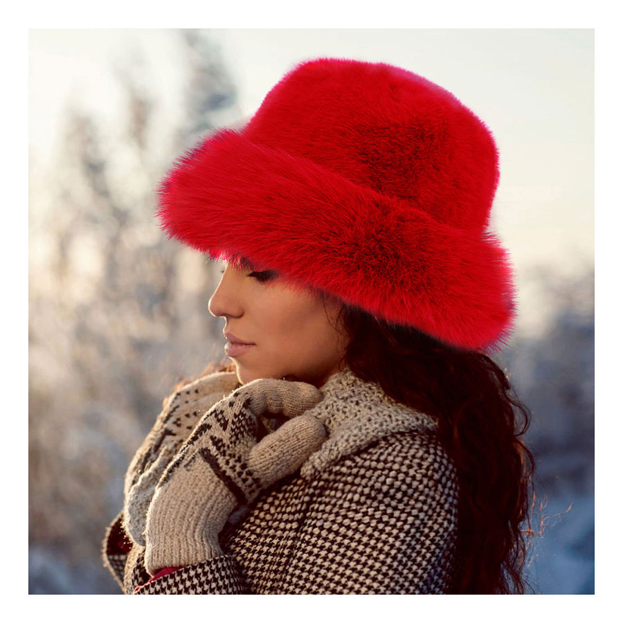 Stylish Burgundy Faux Fur Russian Style Plush Bucket Hat