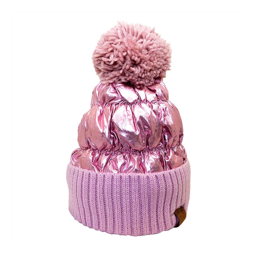 Pink Knit Pom Pom Puffer Knit Glossy Beanie Hat