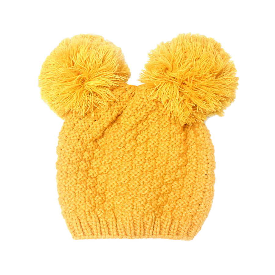 Yellow with Double Pom Poms Knit Beanie Hat