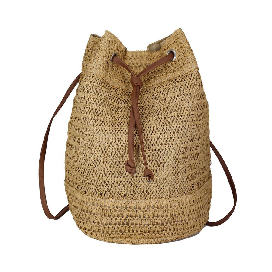 Beige Crochet Straw Drawstring Backpack