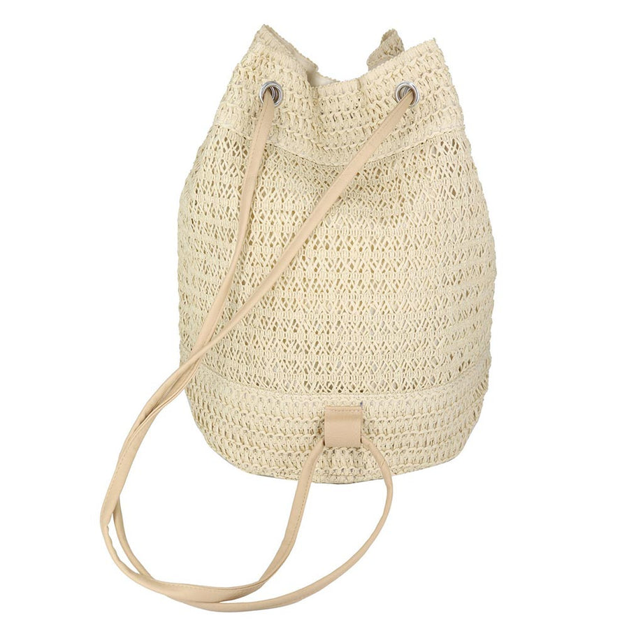 Beige Crochet Straw Drawstring Backpack