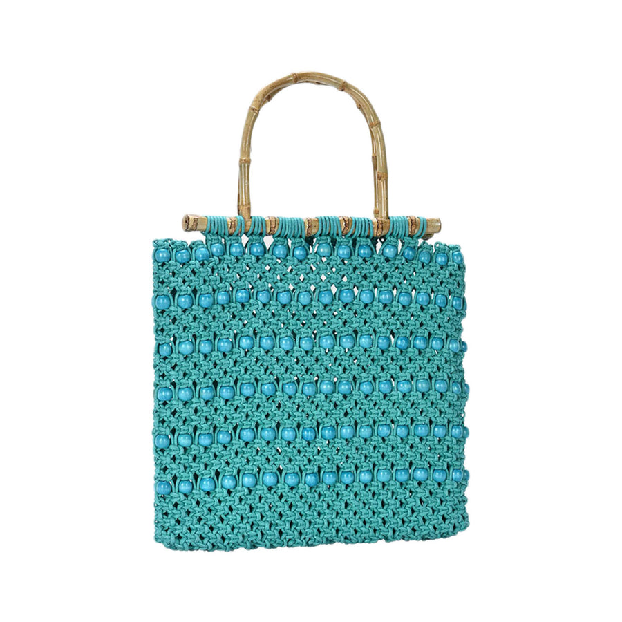 Embroidered Turquoise Crochet Wooden Ball Bamboo Top Handle Bag