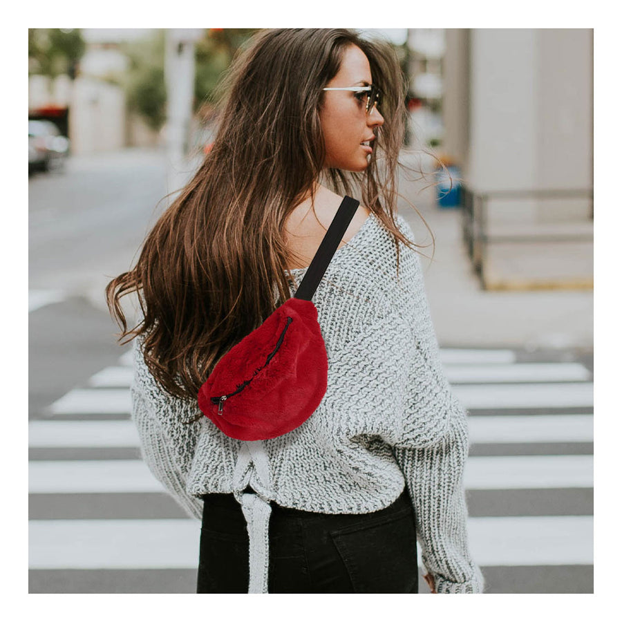 Stylish Burgundy Faux Fur Fanny Pack Belt Bag