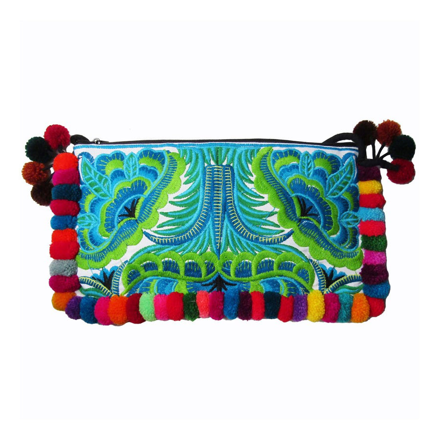 Colorful Boho Turquoise Floral Embroidery Pop Pom Clutch Bag