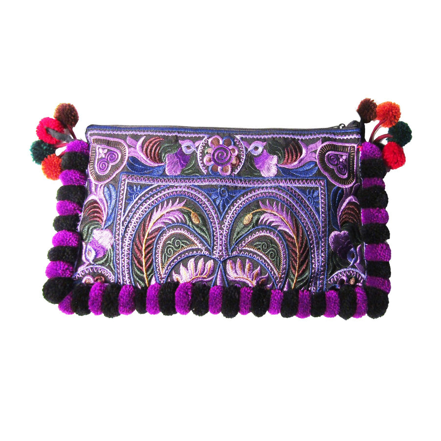 Colorful Boho Regal Purple Floral Embroidery Pom Pom Clutch Bag