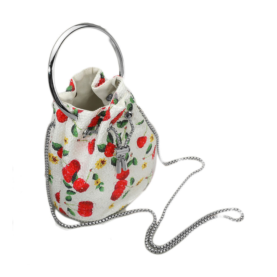 Bling Studded Cherry Pattern Bucket Crossbody Bag