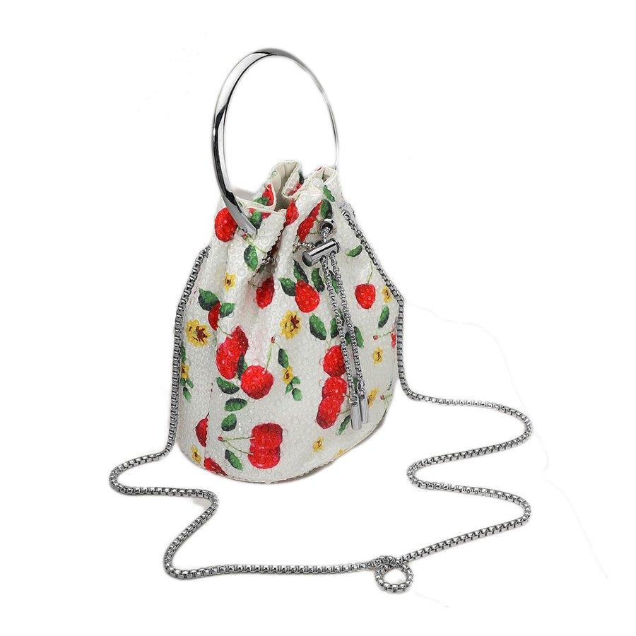 Bling Studded Cherry Pattern Bucket Crossbody Bag