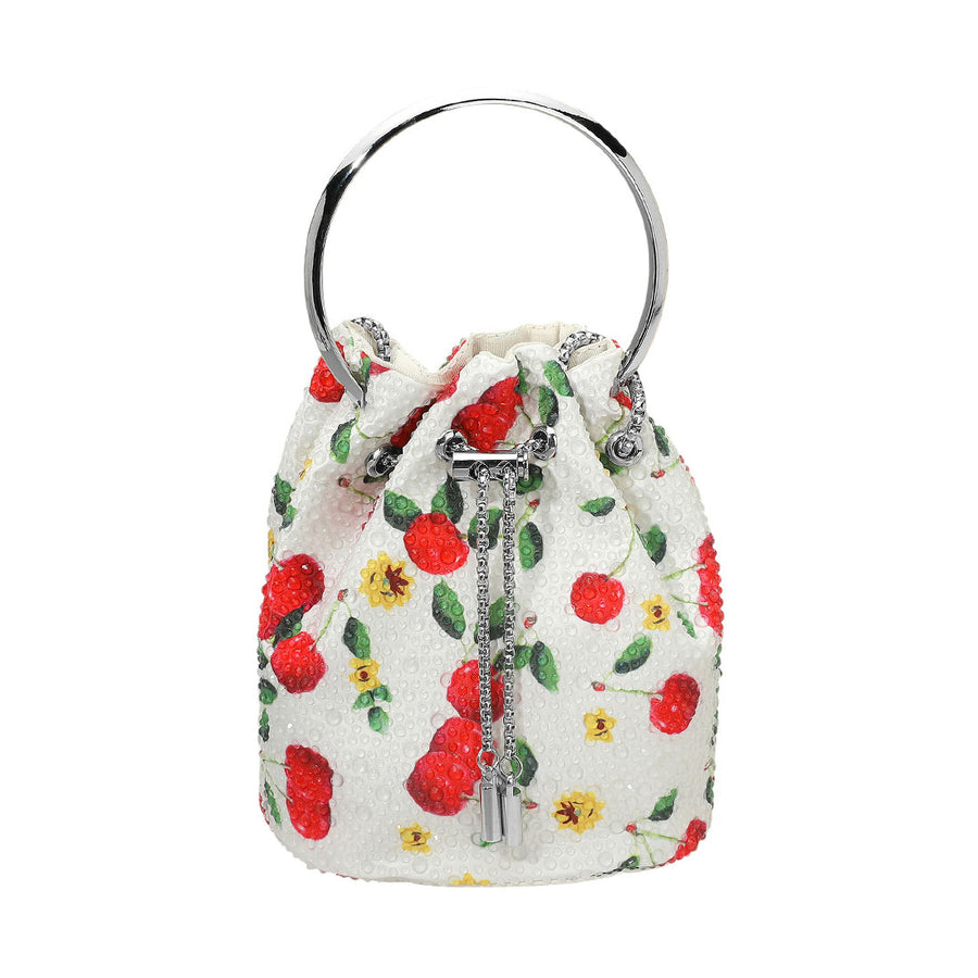 Bling Studded Cherry Pattern Bucket Crossbody Bag