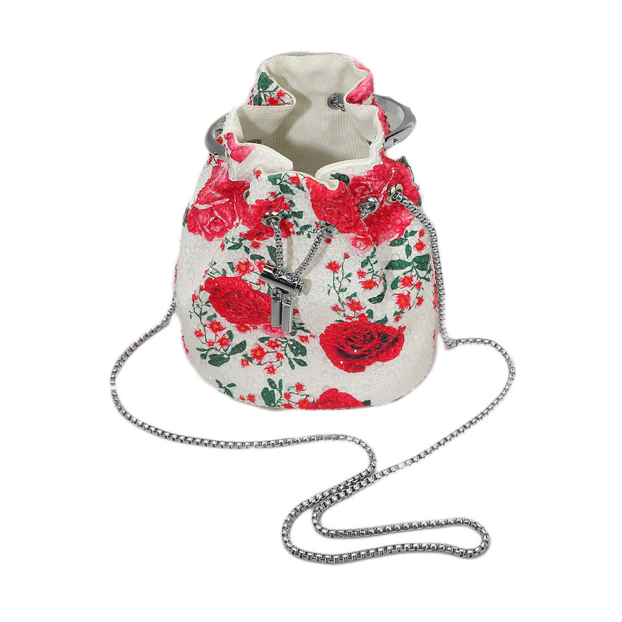 Bling Studded Floral Pattern Bucket Crossbody Bag