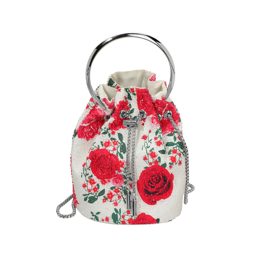 Bling Studded Floral Pattern Bucket Crossbody Bag