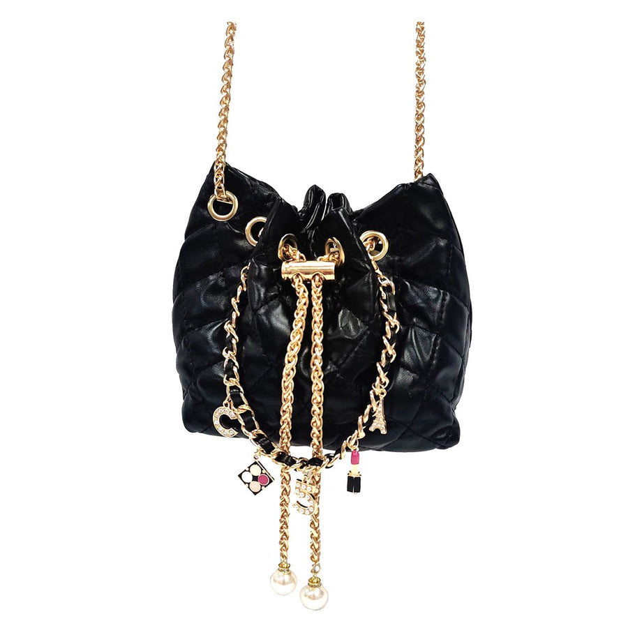 Iconic No 5 Charm Chain Black Quilted Drawstring Mini Bucket Bag