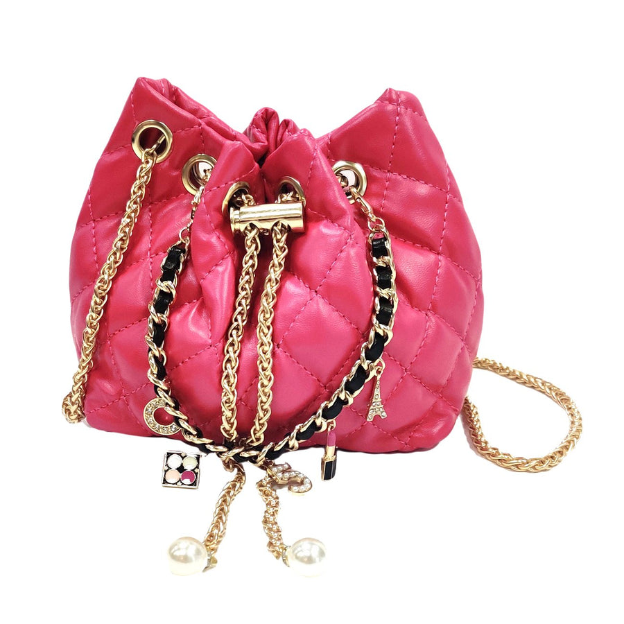 Iconic No 5 Charm Chain Fuchsia Quilted Drawstring Mini Bucket Bag