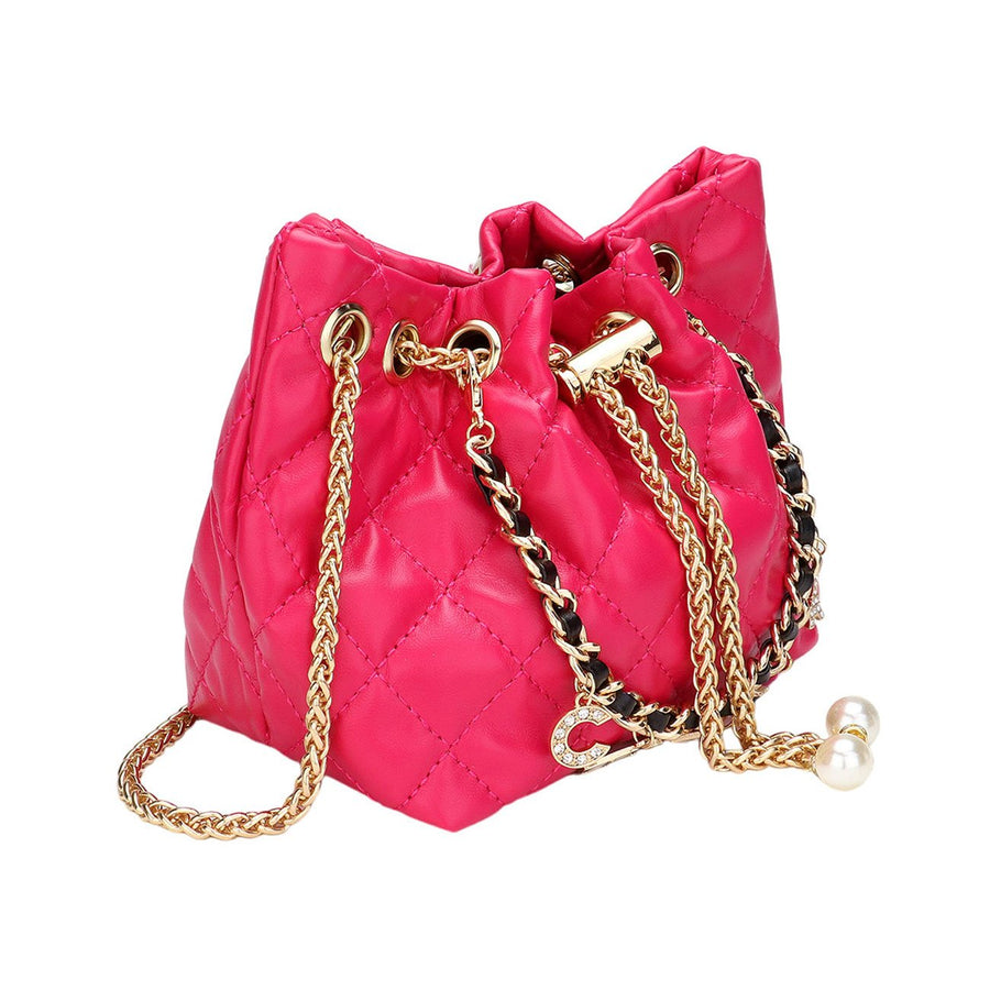 Iconic No 5 Charm Chain Fuchsia Quilted Drawstring Mini Bucket Bag