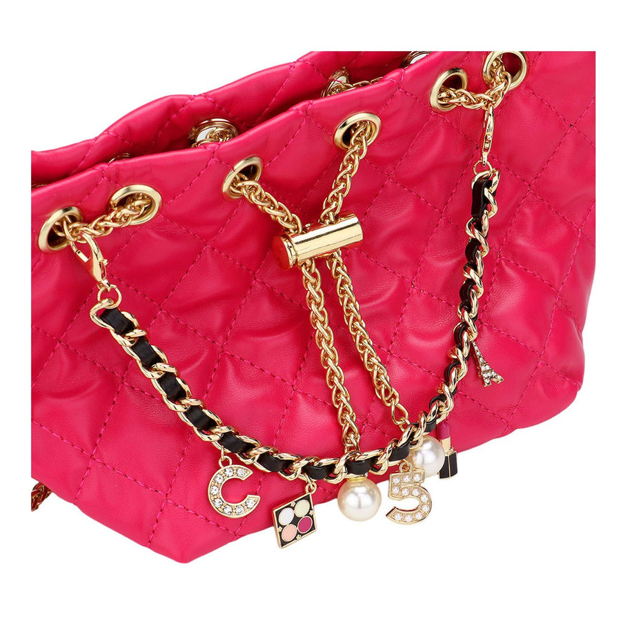 Iconic No 5 Charm Chain Fuchsia Quilted Drawstring Mini Bucket Bag