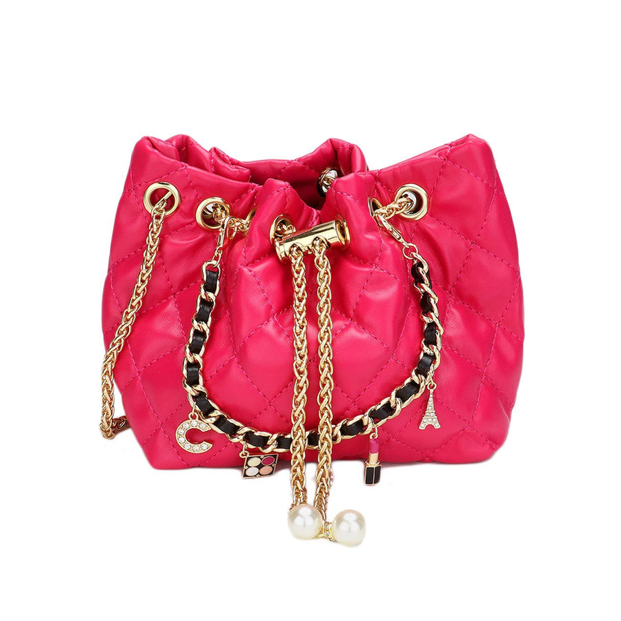 Iconic No 5 Charm Chain Fuchsia Quilted Drawstring Mini Bucket Bag