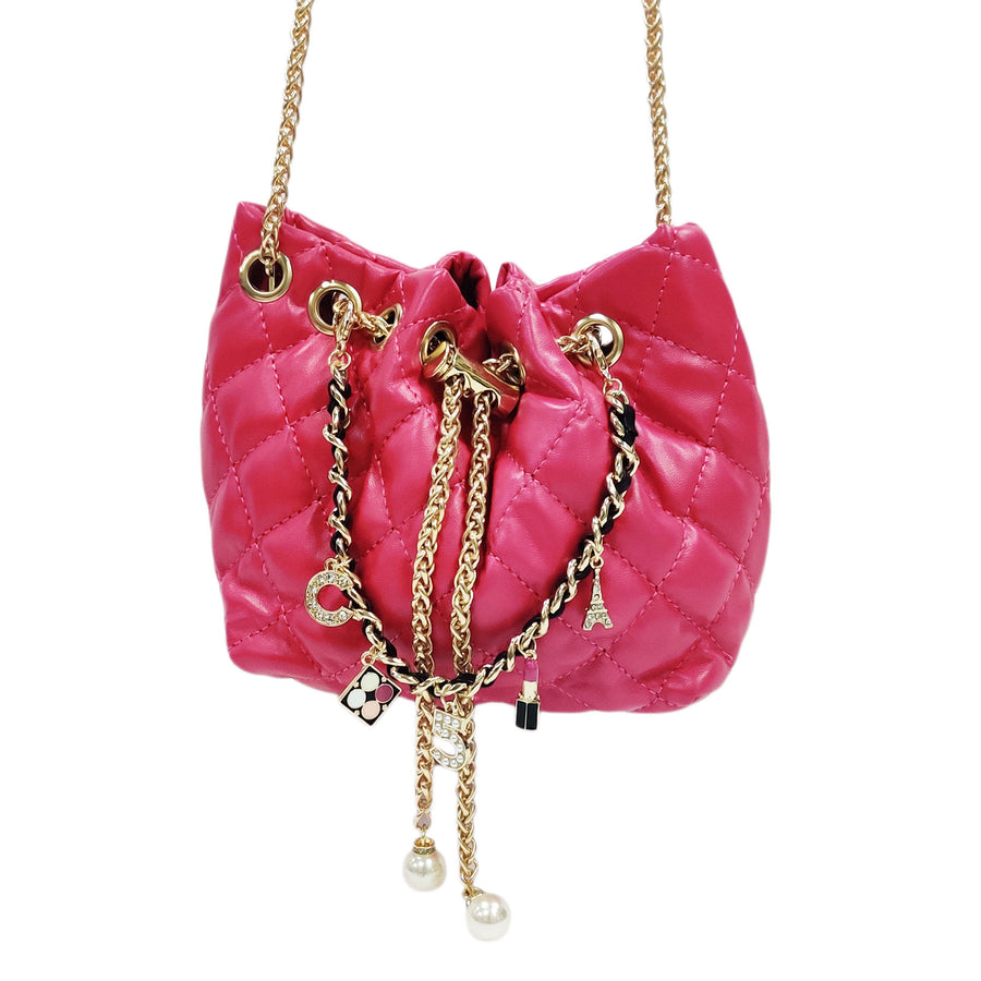 Iconic No 5 Charm Chain Fuchsia Quilted Drawstring Mini Bucket Bag