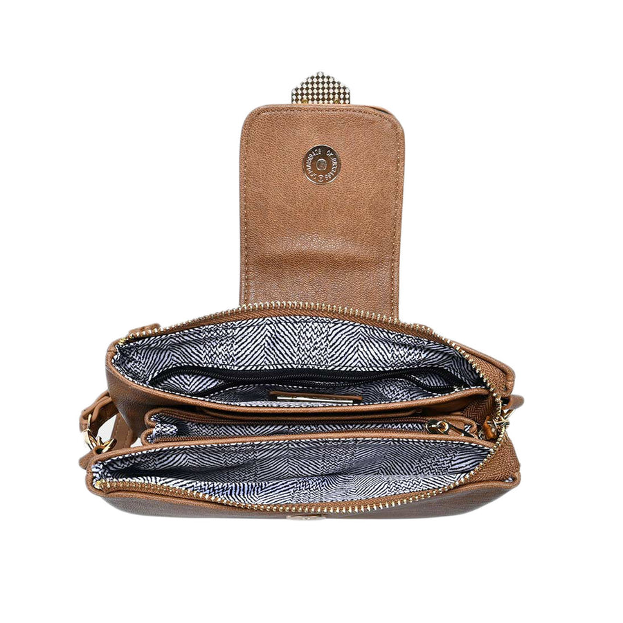 Tan Belt Buckle Wristlet Clutch Crossbody Bag