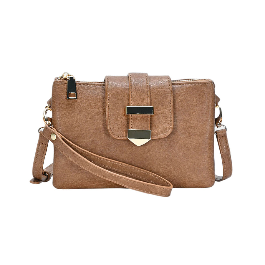 Tan Belt Buckle Wristlet Clutch Crossbody Bag