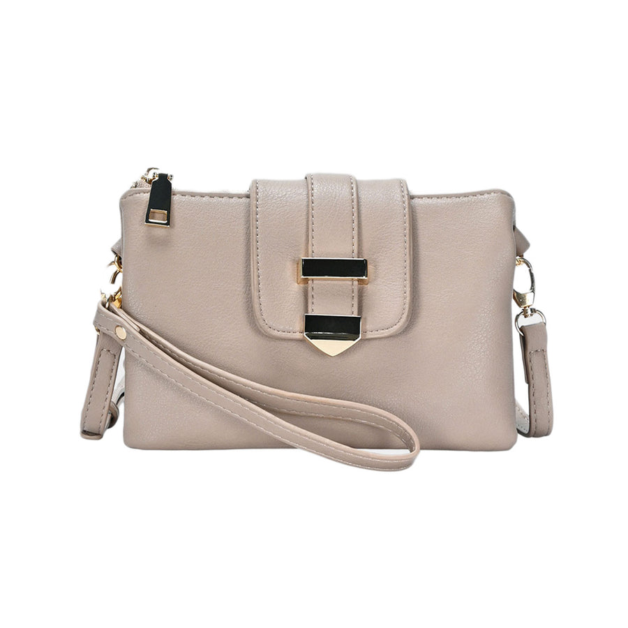 Tan Belt Buckle Wristlet Clutch Crossbody Bag