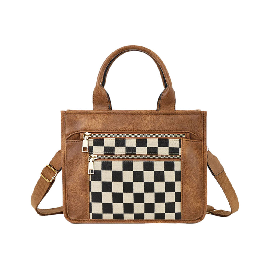 Brown Checkered Front Pocket Top Handle Crossbody Bag