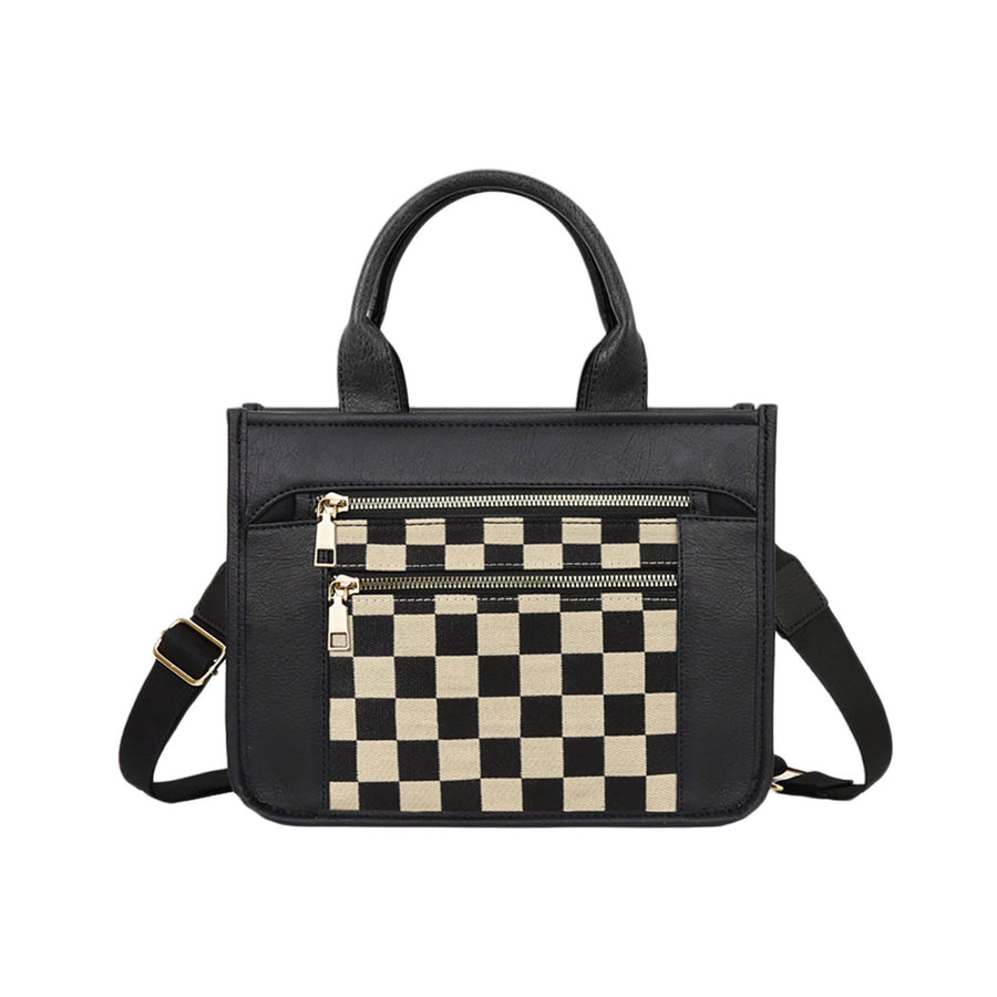 Brown Checkered Front Pocket Top Handle Crossbody Bag