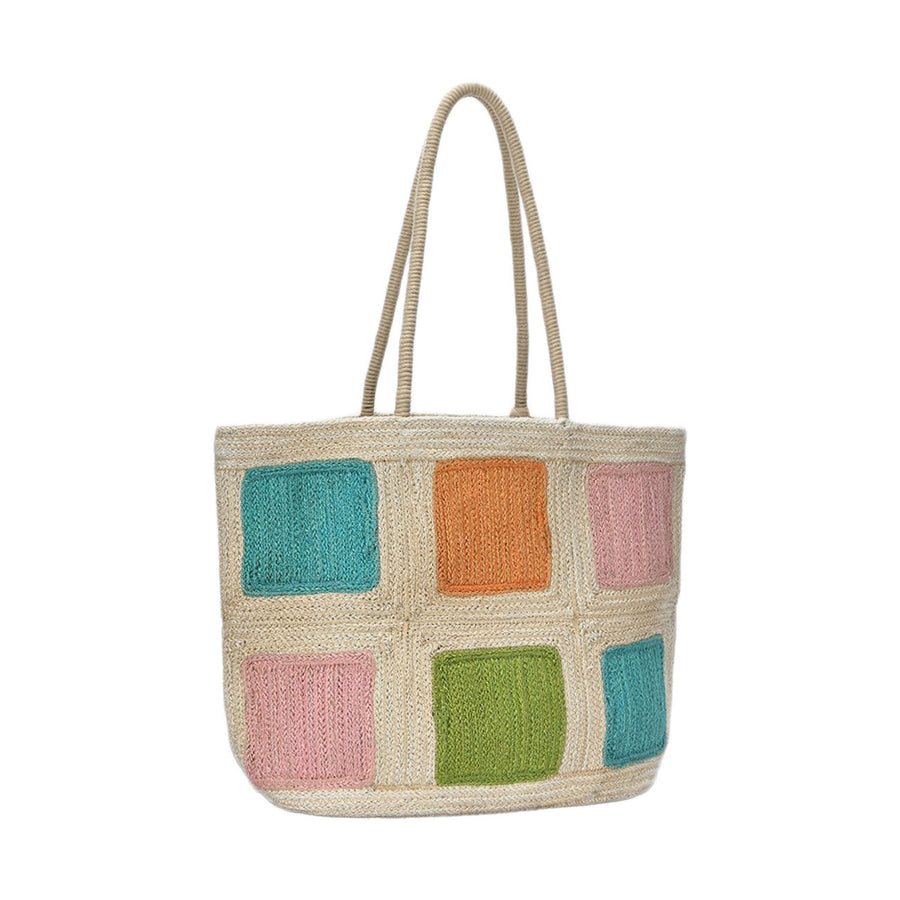 Multi Color Block Tassel Pointed Jute Tote Bag