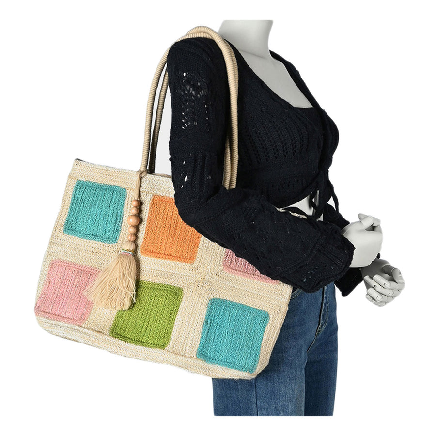 Multi Color Block Tassel Pointed Jute Tote Bag
