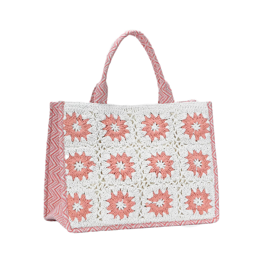 Stylish Pink Multi Floral Patchwork Crochet Tote Bag