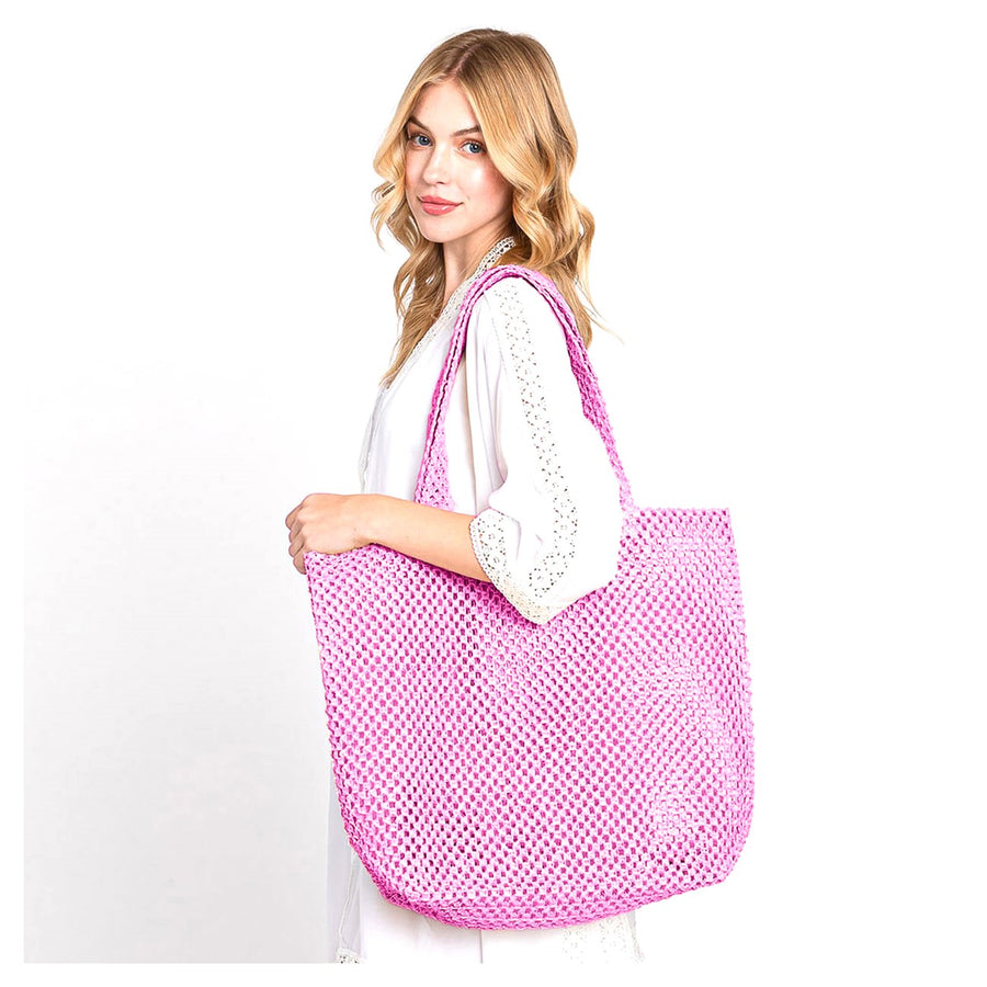 Oversize Pink Straw Crochet Tote Bag